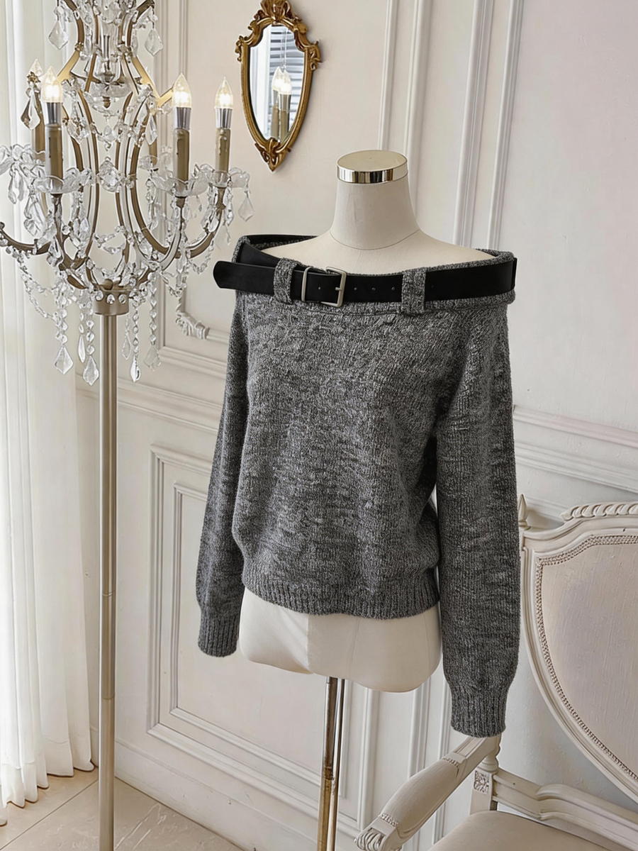 Women's Off-Shoulder Loose Knit Sweater with Belt Solid Color - Style b9392c - Image 2
