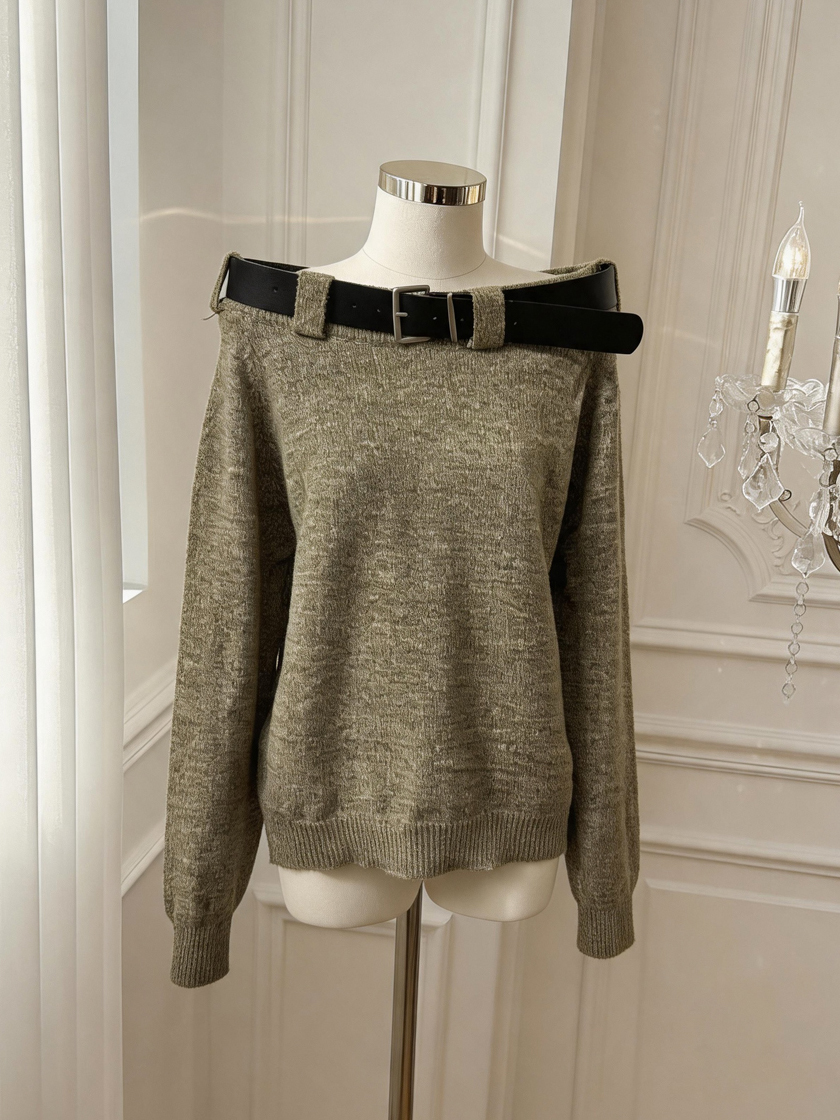 Women's Off-Shoulder Loose Knit Sweater with Belt Solid Color - Style b9392c - Image 3
