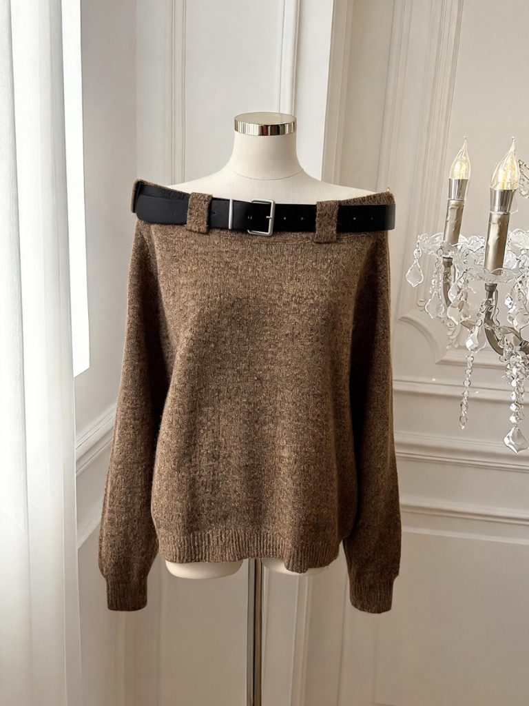 Women's Off-Shoulder Loose Knit Sweater with Belt Solid Color - Style b9392c