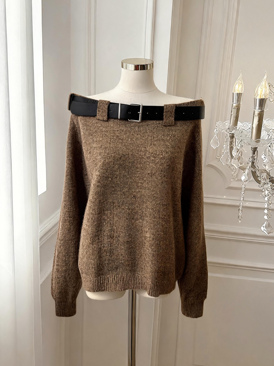 Women's Off-Shoulder Loose Knit Sweater with Belt Solid Color - Style b9392c