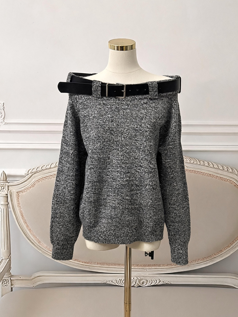 Women's Off-Shoulder Loose Knit Sweater with Belt Solid Color - Style b9392c - Image 4