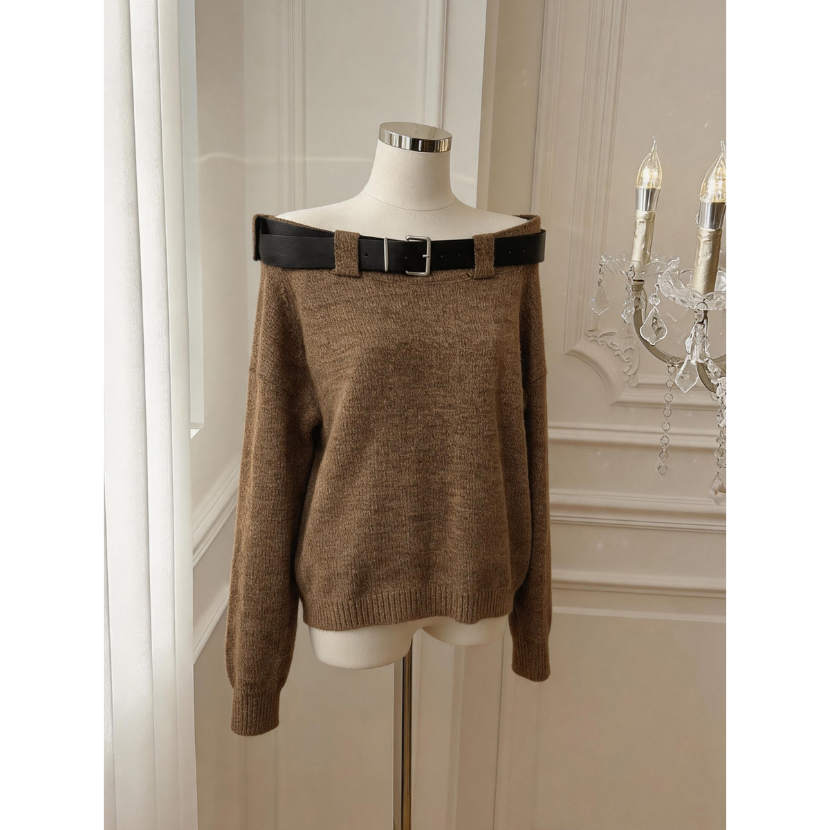 Women's Off-Shoulder Loose Knit Sweater with Belt Solid Color - Style b9392c - Image 5